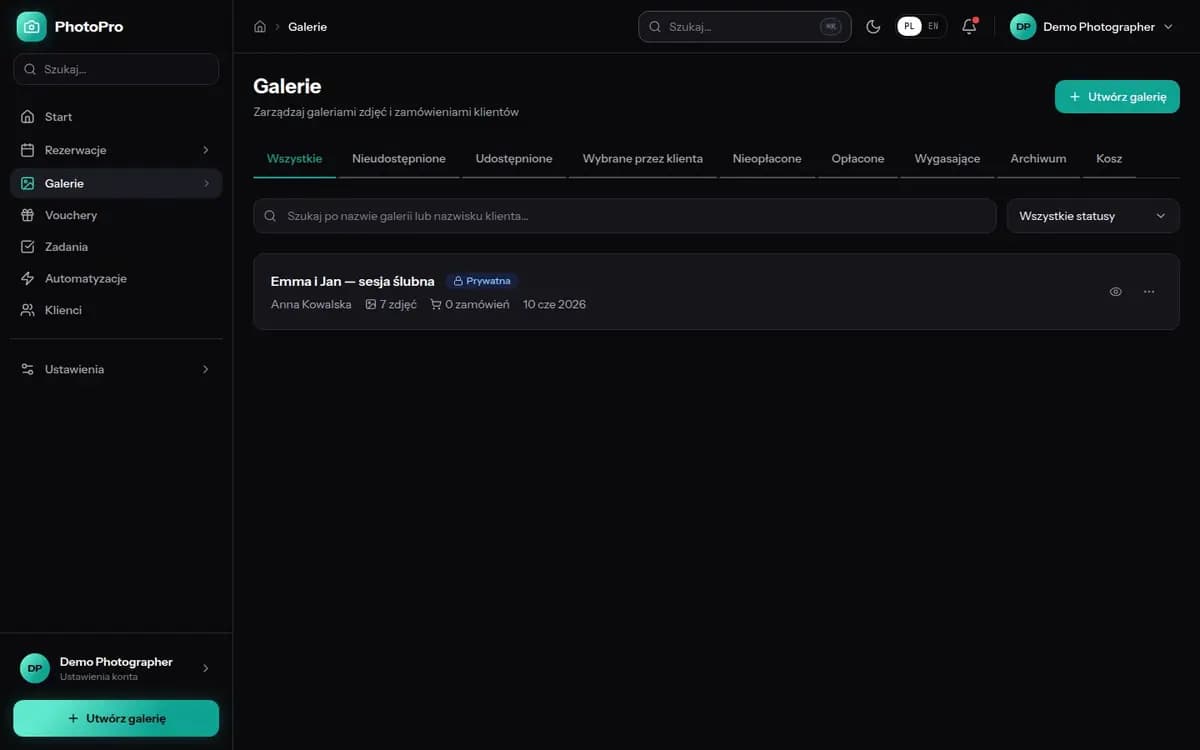 Lista galerii w panelu PhotoPro ze statusami i filtrami
