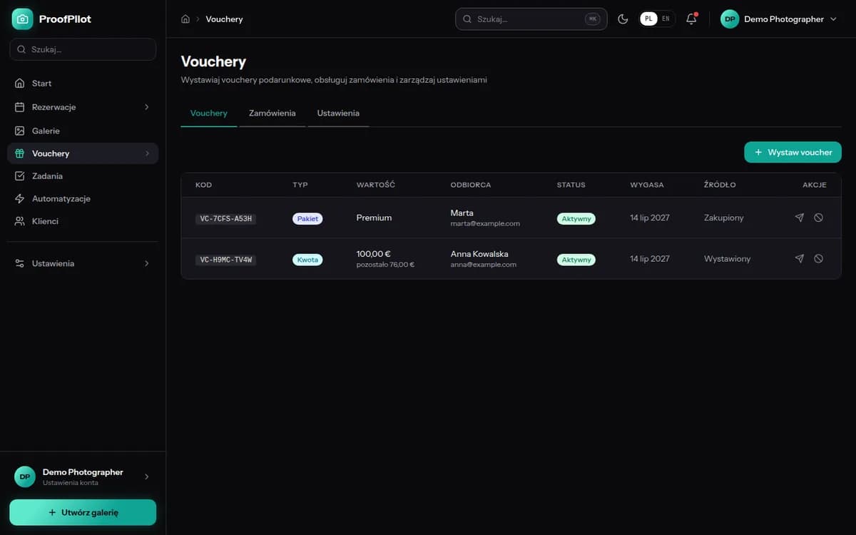 Panel ProofPilot z listą voucherów i wystawianiem nowego kodu