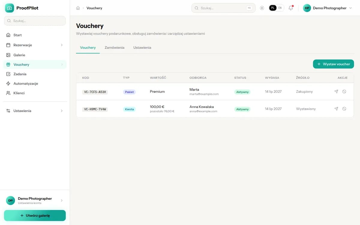 Panel ProofPilot z listą voucherów i wystawianiem nowego kodu