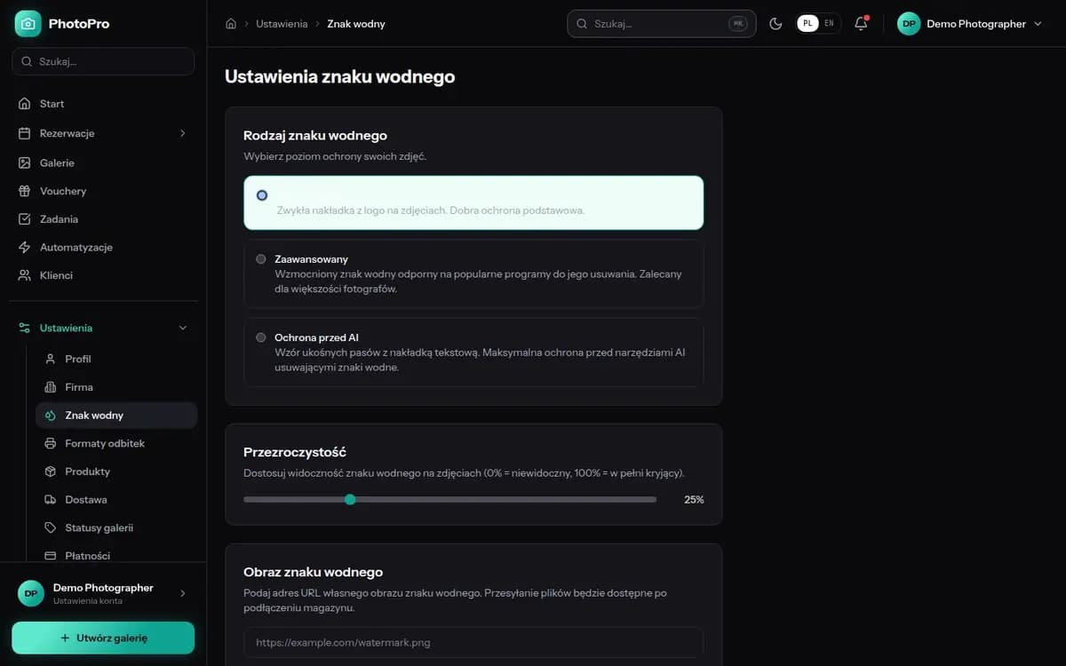 Ustawienia znaku wodnego w panelu PhotoPro z podglądem